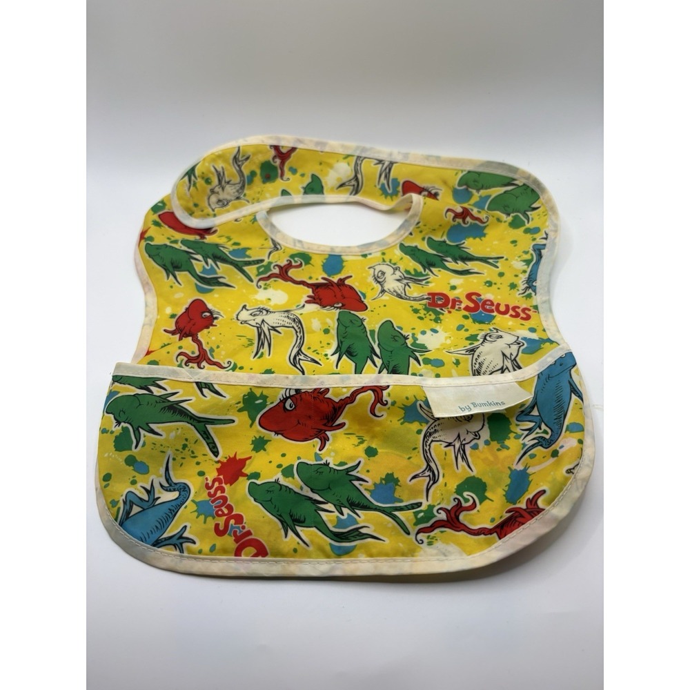 Vintage Dr Seuss Bumkins Baby Bib Fish Print Catch Pocket Waterproof